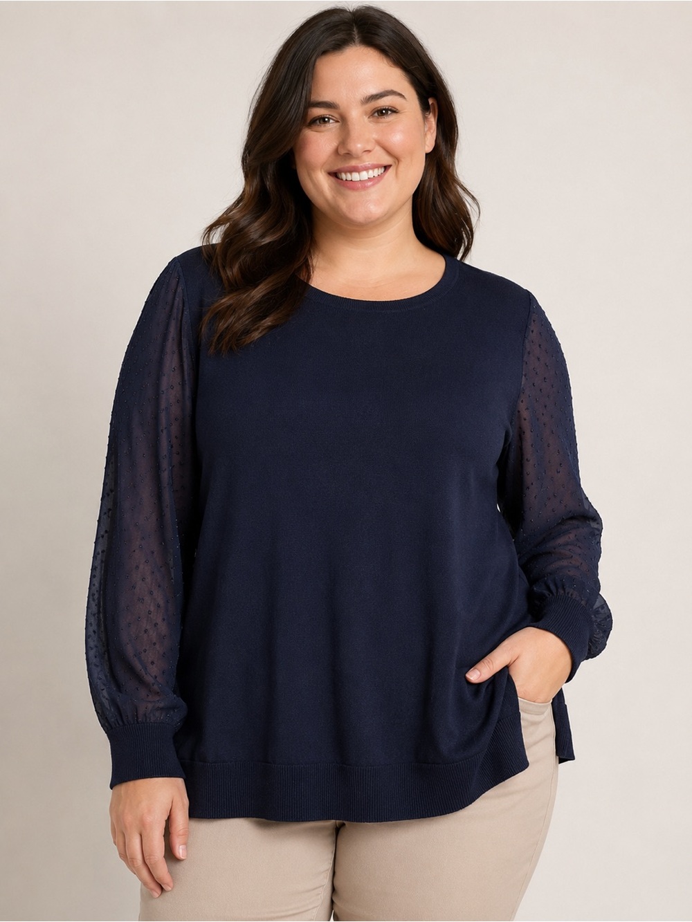 LOFT Plus 24/26 Navy Mixed Media Sweater Sheer Dotted Sleeve Wool Blend